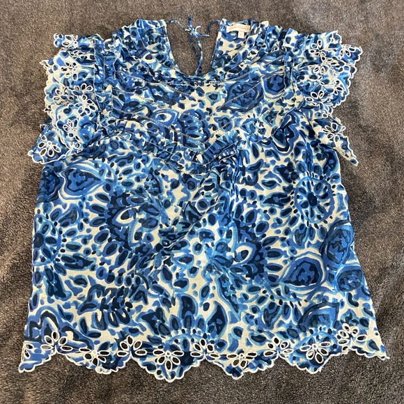 House of Harlow 1960 Blue and White Ruffled Sleeveless Blouse - Picture 1 of 3